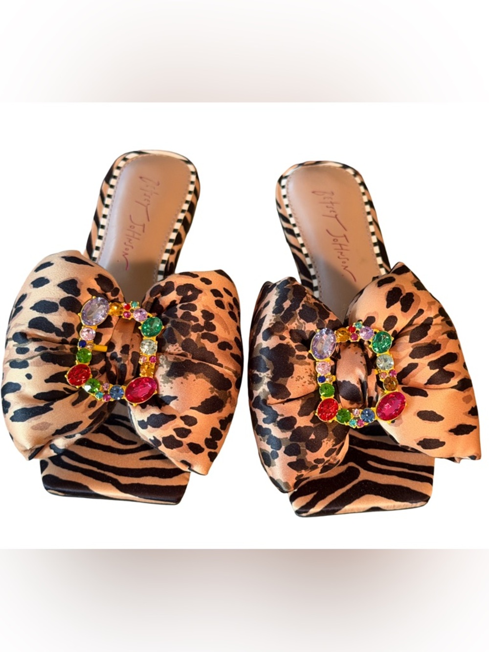 Betsey Johnson NWT Sz 5.5 Daisy Leopard Multicolored Bow Slide Sandals (SH318)